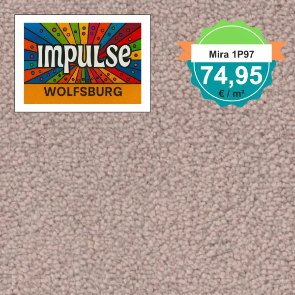 Draufsicht auf Vorwerk Mira 1P97 mit Preisetikett 74,95 €/m²